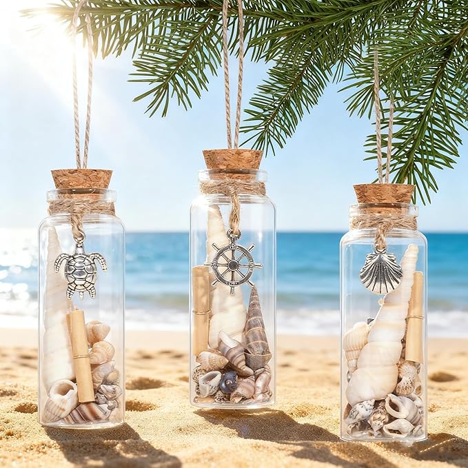 12Pcs Coastal Christmas Ornaments Set -Beach Shells Glass Bottles Keepsake with Mini Scrolls, for Home Christmas Tree Hanging Ornaments, Beachy Coastal Nautical Decor, Wedding Baby Shower Party Favors