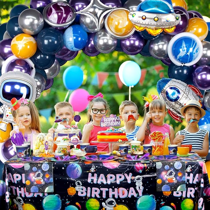180 PCS Outer Space Birthday Party Decorations, Space Themed Party Decorations Includes Space Balloons, Backdrop, Galaxy Banner, Tablecloth, Plates, Cups, Cake Toppers for Kids Boys