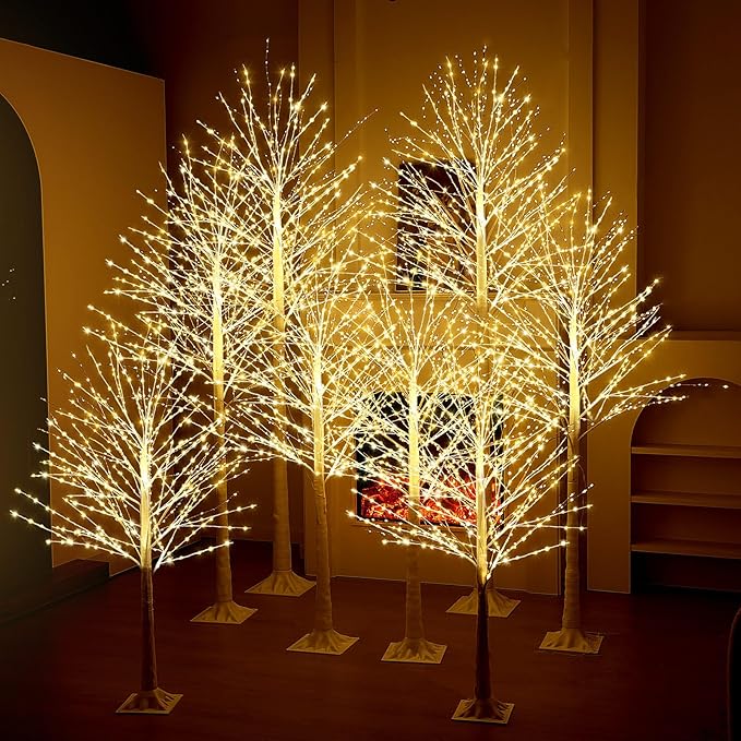 Baquler 8 Pack Lighted Birch Tree - Large Christmas Warm-White LED 8 Mode Light Birch Tree Decoration Set for Thanksgiving Holiday Fall Winter Party Decor, Indoor & Outdoor (4 5 6 8 ft)