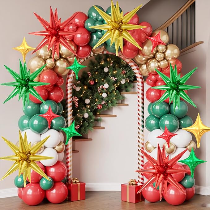 18 Pcs Red Green Gold Star Balloons, Christmas Stars Foil Balloon with 6 Pcs 22-Inch Explosion Star Balloons 12Pcs 10-Inch Four Pointed Stars Balloon for Christmas Birthday New Year Party Decor