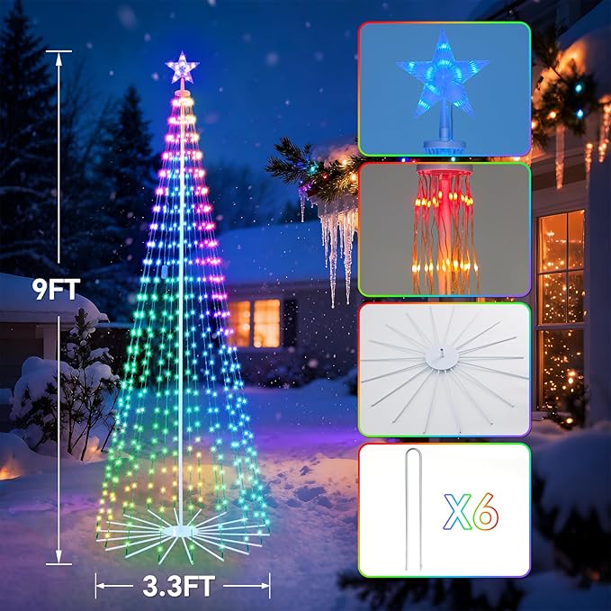 9FT Outdoor Christmas Tree, RGB Color Changing Pre-lit Smart Cone Christmas Tree with LED Lights, App&Remote Control, DIY Multi-Color Lightshow, Music Sync, Christmas New Year Decoration
