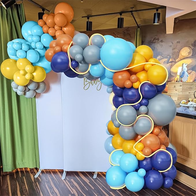 Blue and Orange Balloons Arch Navy Royal Dark Blue Yellow Orange Balloons Garland for Puppy Dog Birthday Decorations Dusty Yellow Blue Light Blue Latex Balloons Graduation Baby Shower Supplies