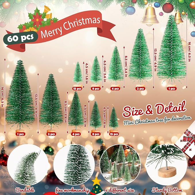 SATINIOR 60 Pieces Artificial Mini Christmas Tree Sisal Snow Trees Bottle Brush Christmas Trees Pine Trees Ornaments with Wooden Base for Christmas (Dark Green, Green,1.8/2.6/3.4/4.9/6.3 Inch)