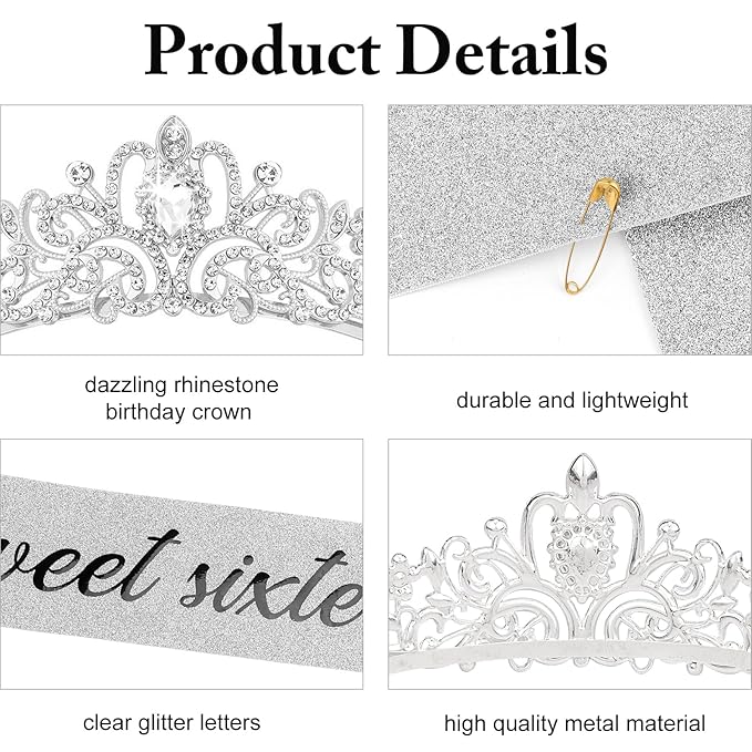 Sweet 16 Birthday Crown and Sash for Girls, Sweet 16th Sashes and Tiara Set, 16th Birthday Party Decorations for Women Accessories Gifts for Girl