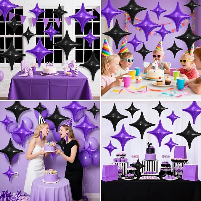 Black Purple Star Balloons,12Pcs Four Angle Star Foil Balloons,26Inch and 10Inch Black Purple Quadrangle Helium Balloon for Halloween Birthday Baby Shower Anniversary Party Decorations