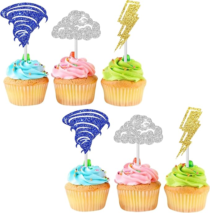 24pcs Glitter Tornado Party Cupcake Toppers Tornado Birthday Party Decorations Lightning Cloud Theme Cake Cupcake Picks for Weather Theme Birthday Party Baby Shower Supplies