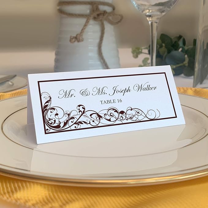 Scribble Vintage Swirl Printable Place Cards, Chocolate (Choose Color), Set of 150 (25 Sheets), Laser & Inkjet Printers - Wedding, Party, Dinner, and Special Events
