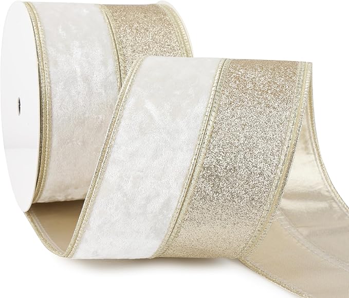 Ivory Velvet Wired Christmas Ribbon 4 Inch Extra Wide Thick Ivory and Gold Glitter Holiday Ribbon – 10-Yards Roll for Tree Decorations, Gift Wrapping, Wreaths, and DIY Crafts