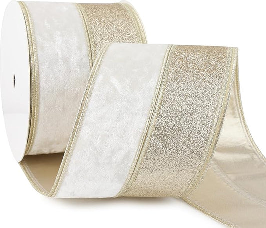 Ivory Velvet Wired Christmas Ribbon 4 Inch Extra Wide Thick Ivory and Gold Glitter Holiday Ribbon – 10-Yards Roll for Tree Decorations, Gift Wrapping, Wreaths, and DIY Crafts