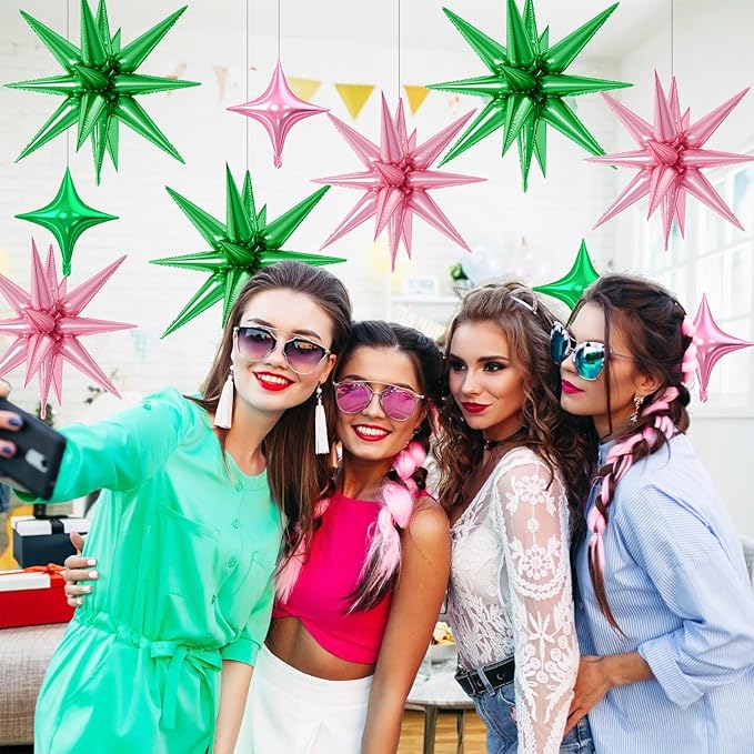 18 Pcs Pink Green Star Balloons, Green and Pink Balloon with 6 Pcs 22-Inch Explosion Star Balloons 12Pcs 10-Inch Four Pointed Stars Foil Balloon for Wedding Forest Spring Birthday Party Decor