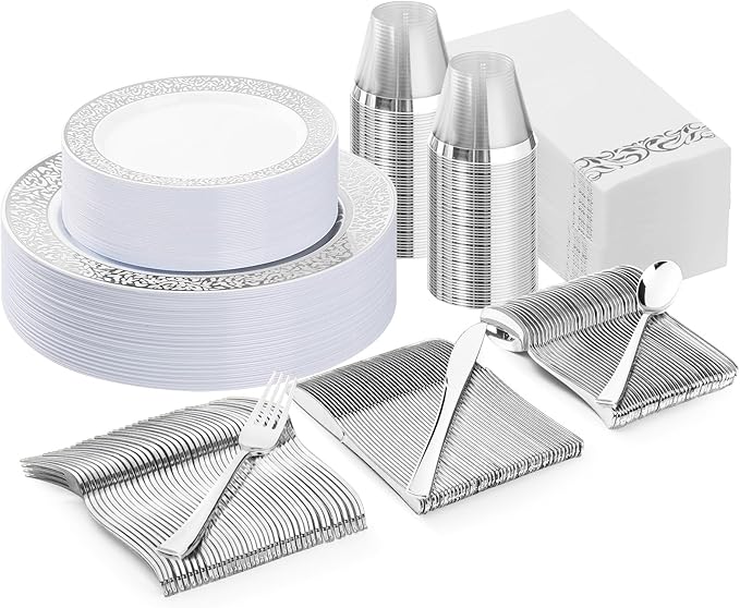 175PCS Silver Plastic Dinnerware Set for 25 Guests, Disposable Plates for Party, Wedding, Include 25 Dinner Plates, 25 Dessert Plates, 25 Set Silver Silverware, 25 Cups, 25 Napkins