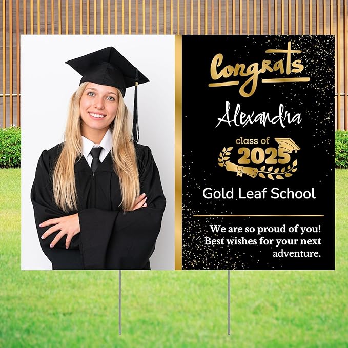 2025 Graduation Yard Signs Personalized, Custom Graduation Yard Sign with Graduate's Photo Print, Custom Text, and multi Color Options, Ready to Use Lawn Signs Graduation, 24" W x 18" H, Single or Double Sided Printing