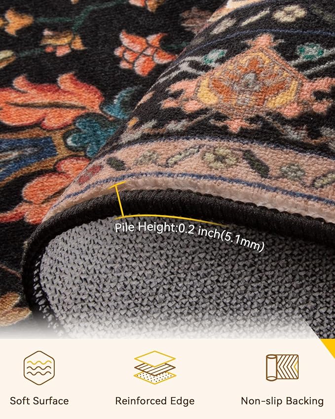 Area Rugs 9'x12' Washable Non-Slip, Floral Vintage Distress Print Pattern Medallion Carpet for Living Room Bedroom Dining Room, Black Colorful Floral Dark Tan