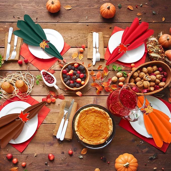16 Pcs Fall Thanksgiving Cloth Napkin and Maple Leaves Napkin Ring Holder Buckles with Rhinestones Set for Harvest Season Thanksgiving Autumn Party Table Decorations (4 Colors)
