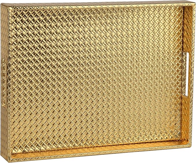 HofferRuffer Rectangle Serving Tray with Hole Handles for Coffee Table, Breakfast, Tea, Food, Butler - Countertop, Kitchen, Vanity Serve Tray, 16.2 x 12.2 x 2 inches, Faux Leather (Gold)