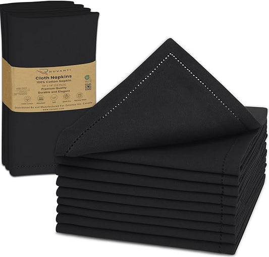 Ruvanti Cloth Napkins - 100% Cotton Dinner Napkins, Hem Stitched Corners, 18x18 Inch, 12 Pack - Soft, Absorbent, Durable, Reusable, Wrinkle Resistant for Formal Dining & Everyday Use - Black Beauty