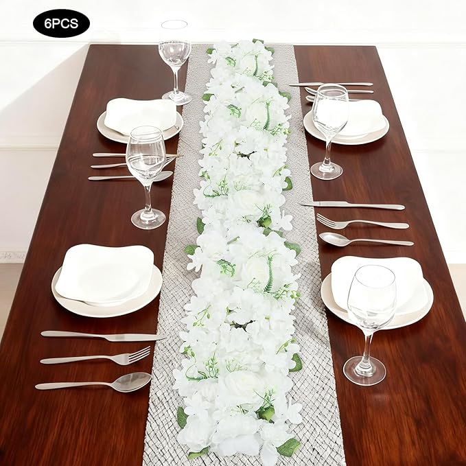 6 Pack Artificial Peony Garland,Wedding Arch Artificial Flower Panels,Flowers Wall Backdrop Panel for Wedding Dining Table Christmas Home Party Decor (White)