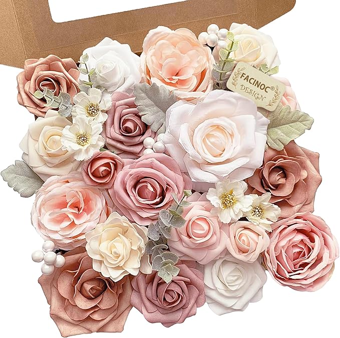 Pink Rose Artificial Flowers Dusty Fake Flower with Stems Bulk for DIY Wedding Bouquets Bridal Baby Shower Centerpiece Table Decorations Silk Faux Floral Arrangements Party Home Decor Indoor