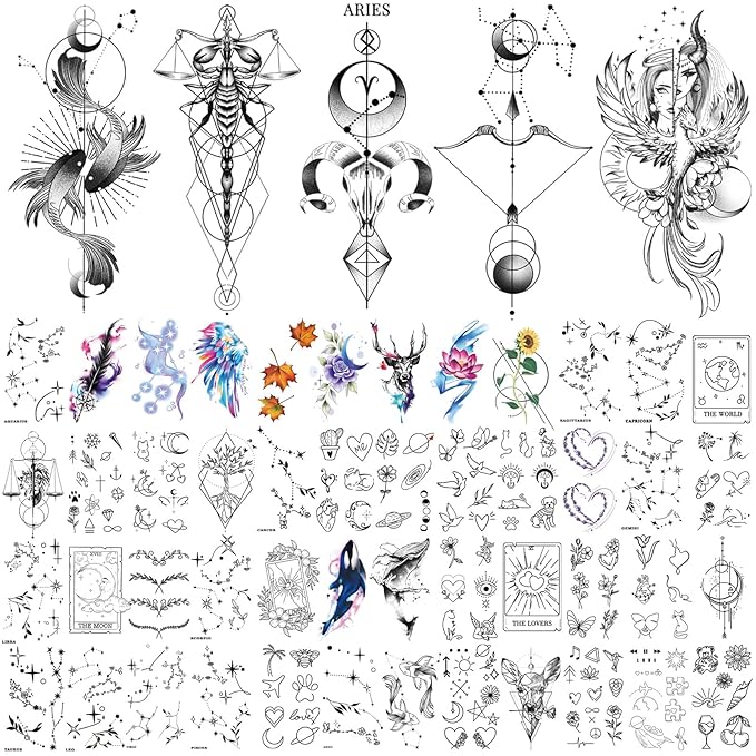 77 Sheets Lion Flower Owl Temporary Tattoo for Women Men, 17 Sheets Half Arm Nature Animal Large Fake Tattoos, 60 Sheets Butterfly Clock Tiny for Adult Kids Christmas Body Tattoos Stickers Realistic