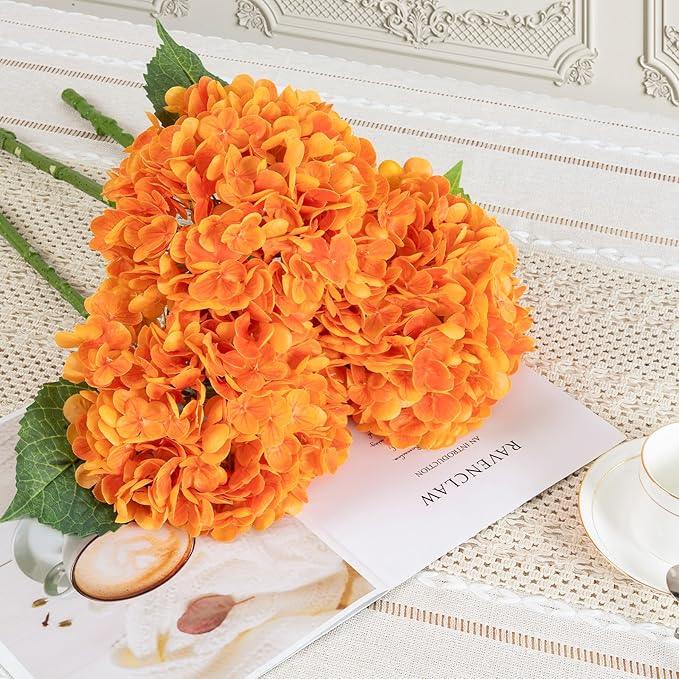 BonBloom's Fall Decor,3 Pcs Orange Hydrangea Artificial Flowers Latex Real Touch Faux Hydrangeas Lifelike Fake Hydrangea Flowers for Wedding Bouquet Party Table Centerpieces Outdoor Home Decor