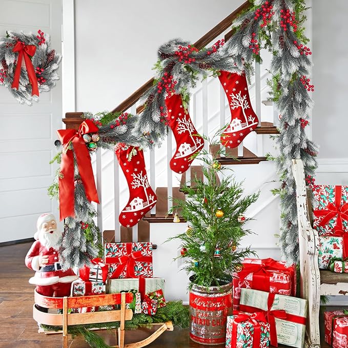 RECUTMS Evergreen Pine Needle Vine Red Berry Christmas Fireplace Decor Winter Berry Garland Pinecones for Crafts Christmas Picks Faux Garland Ideal for Living Room and Corridor Seasonal Decor(White)