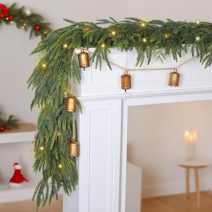 Fovths 6 Ft Christmas Garlands with Lights and Bells Real Touch Norfork Pine Garland Artificial Greenery Garlands for Christmas Mantle, Table Indoor Outdoor Decorations, Green