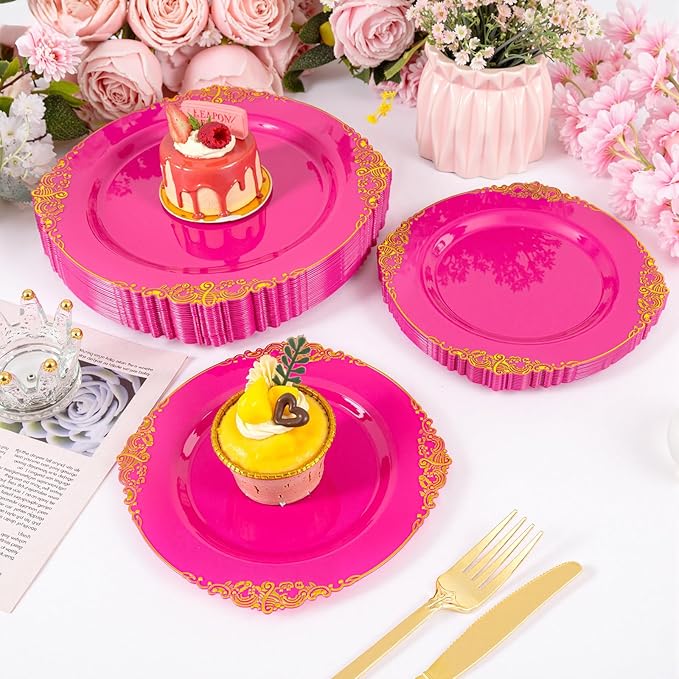 125PCS Hot Pink Plastic Plates - Pink Disposable Plate - Elegant Party Plates with Gold Plastic Silverware Sets for 25 Guests for Party & Birthday & Baby Shower