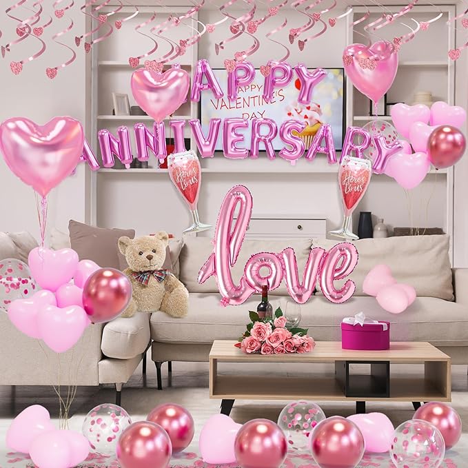 Pink Valentine's Day Balloons Kit With Happy Anniversary Banner - Heart Balloons for Decorations and Anniversary