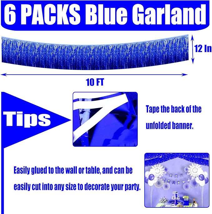 6 Pack 10 Feet Foil Fringe Garland Metallic Tinsel Streamers Banner Wall Hanging Curtain Backdrop for Parade Floats, Bachelorette, Wedding, Birthday, Halloween, Christmas Party Decorations(Blue)
