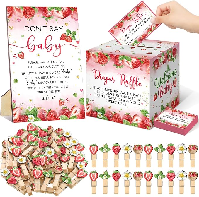 102 Pcs Baby Shower Game Supplies Diaper Raffle Tickets with Diaper Raffle Card Box Don't Say Baby Sign Mini Clothespin Baby Shower Game Decor for Baby Shower Gender Reveal(Strawberry)
