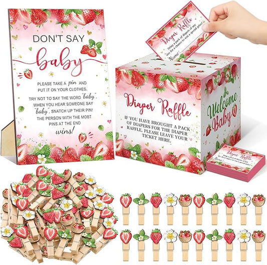 102 Pcs Baby Shower Game Supplies Diaper Raffle Tickets with Diaper Raffle Card Box Don't Say Baby Sign Mini Clothespin Baby Shower Game Decor for Baby Shower Gender Reveal(Strawberry)