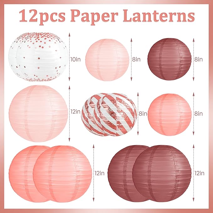 12PCS Rose Gold Back to School Vintage Floral Wedding Hanging Paper Lanterns Decorations Rose Gold Birthday Decorations Bachelorette Bridal Showers Mothers Day Party Supplies