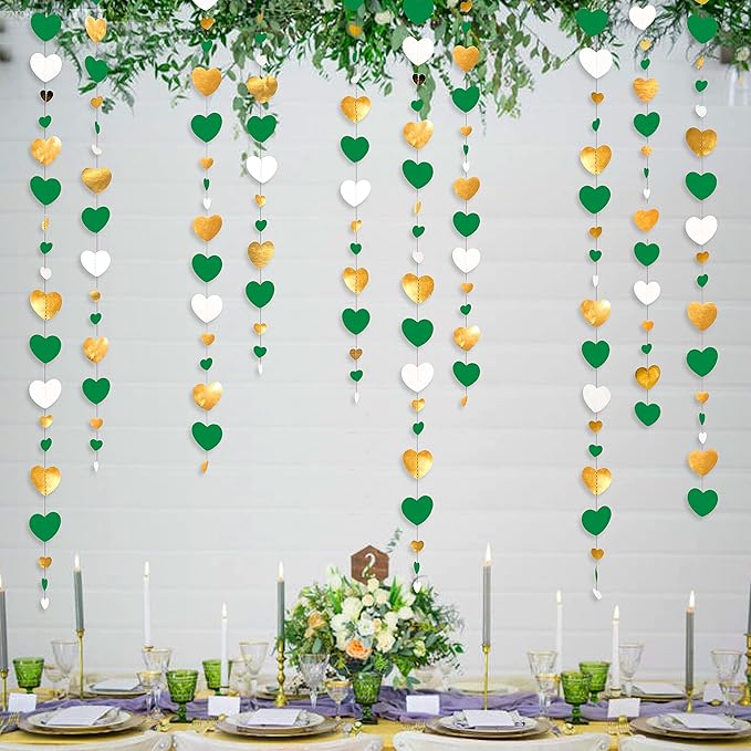 Valentines Day Party Decorations Green Gold and White Love Heart Garland Hanging Streamer Banner for Spring Summer Anniversary Engagement Wedding Bridal Baby Shower Birthday Mothers Day Party Supplies