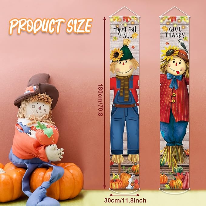 Thanksgiving Hanging Banners Happy Fall Y'all Porch Sign Autumn Hanging Door Banner Thanks Porch Banner Thanksgiving Party Decoration for Fall Indoor Outdoor Door Wall Decor