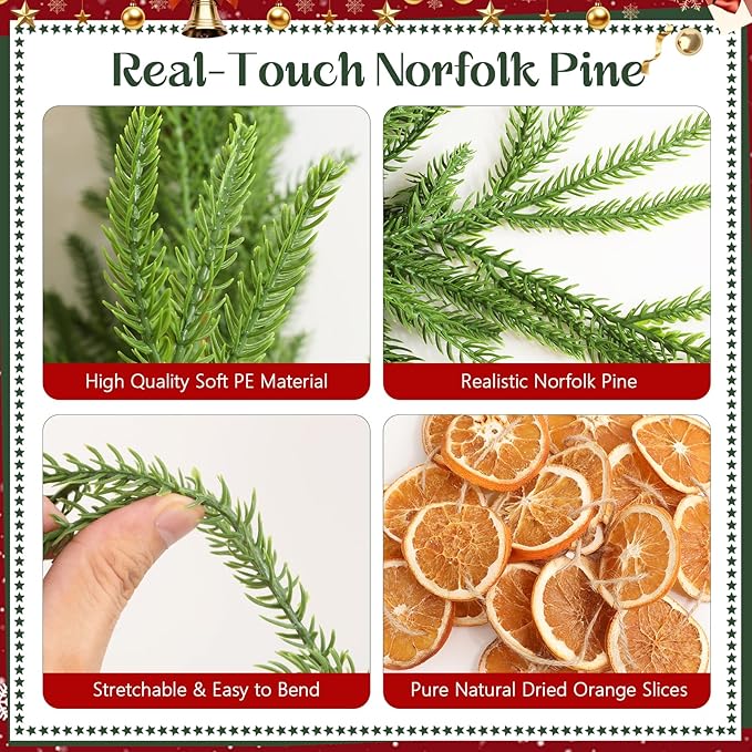 Christmas Garlands Set-6ft Norfolk Pine Garland with Dried Orange Slice,Real Touch Winter Pine Garland Green Artificial Greenery for Christmas Table Fireplace Mantle Xmas Holiday Decoration