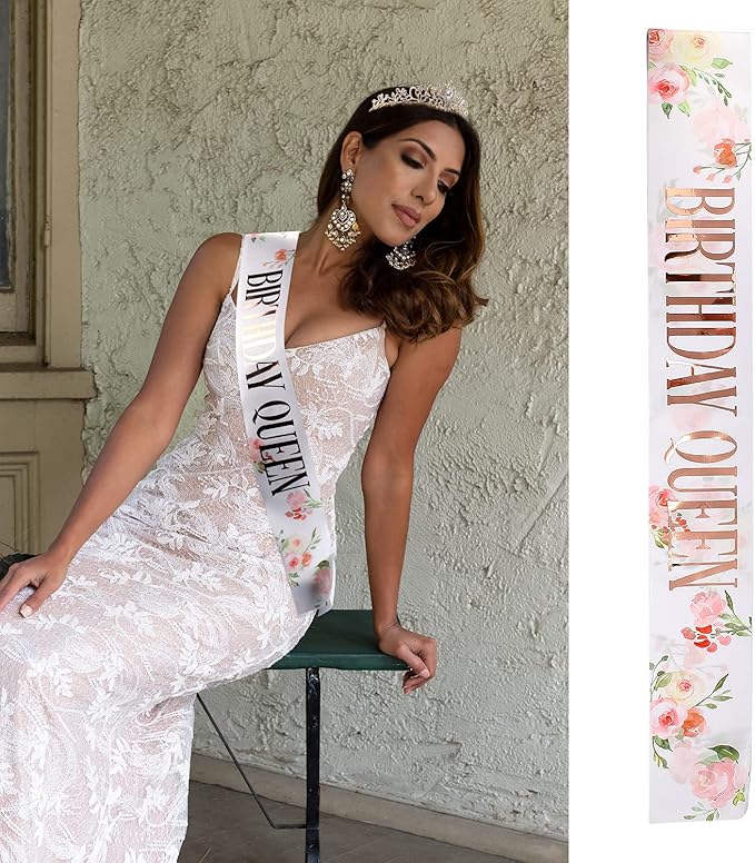 Gold Prom Queen Tiara Crown for Women, Happy Birthday Flower Crown Sash, Party Favors Supplies, Cake Toppers, Halloween Cosplay