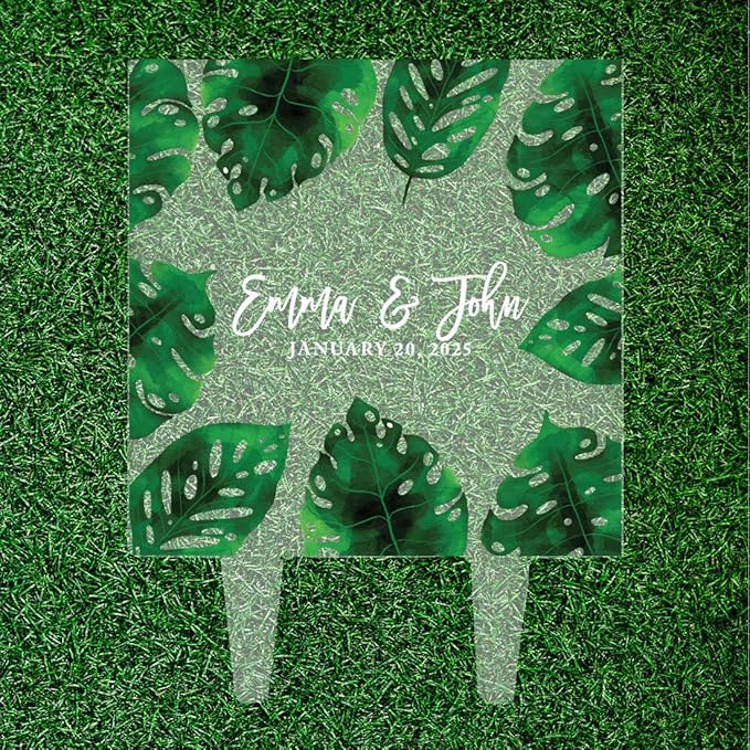 Andaz Press Tropical Greenery Monstera Leaves Names Date Custom Wedding Cake Topper, Acrylic Square Personalized Couple Cake Topper