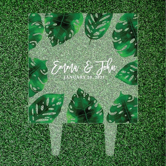 Andaz Press Tropical Greenery Monstera Leaves Names Date Custom Wedding Cake Topper, Acrylic Square Personalized Couple Cake Topper