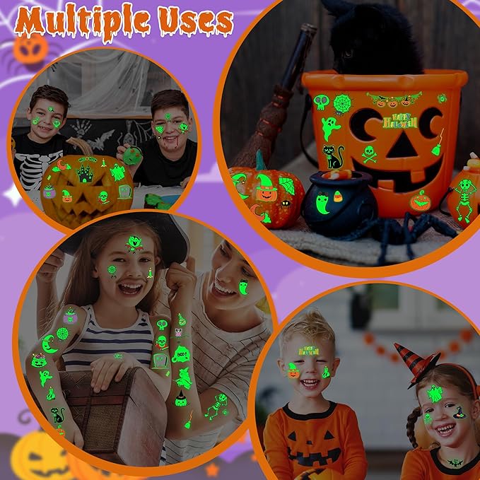 145 Styles Halloween Tattoos for Kids, 12PCS Halloween Luminous Tattoos, Glow in Dark Ghosts Pumpkin Fake Temporary Tattoos Stickers Bulk for Halloween Party Favors Accessories Supplies