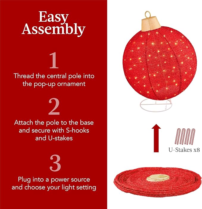 Best Choice Products 2pc Lighted Pop-Up Outdoor Christmas Ornament Set, Holiday Ball Decoration w/ 220 LED Lights, 8 Light Functions - Red/Gold