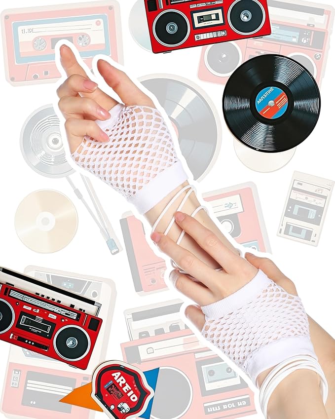 Blulu 80s Costume Accessories for Women Lace Headband Earrings Fishnet Gloves Necklace Bracelet for 80s Retro Party