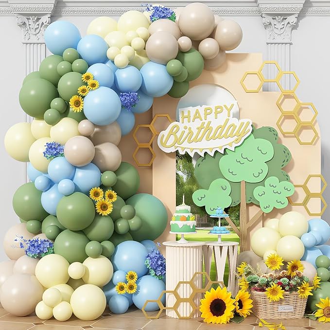Green Blue Yellow Balloons Arch Dusty Blue Sage Green Beige Balloons Garland Kids Birthday Party Decorations Pastel Blue Yellow Olive White Latex Helium Balloon Bear Baby Shower