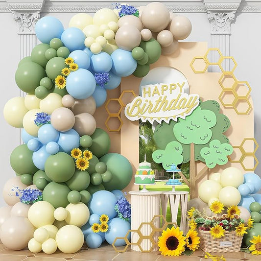 Green Blue Yellow Balloons Arch Dusty Blue Sage Green Beige Balloons Garland Kids Birthday Party Decorations Pastel Blue Yellow Olive White Latex Helium Balloon Bear Baby Shower