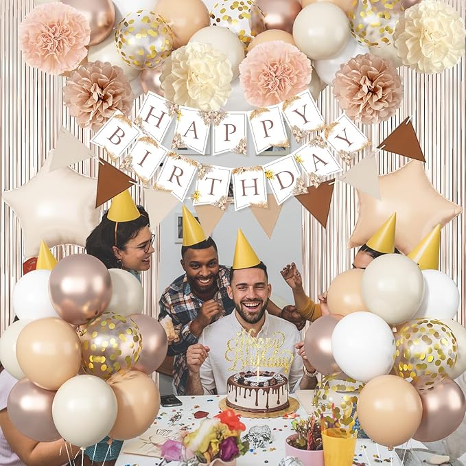Beige Brown Birthday Decorations for Women, Gold Neutral Cream Sand White Party Balloon Kit with Boho Happy Birthday Banner Fringe Curtain Background Pom Pom Cake Topper for Boy Girl Men Bday Supplies