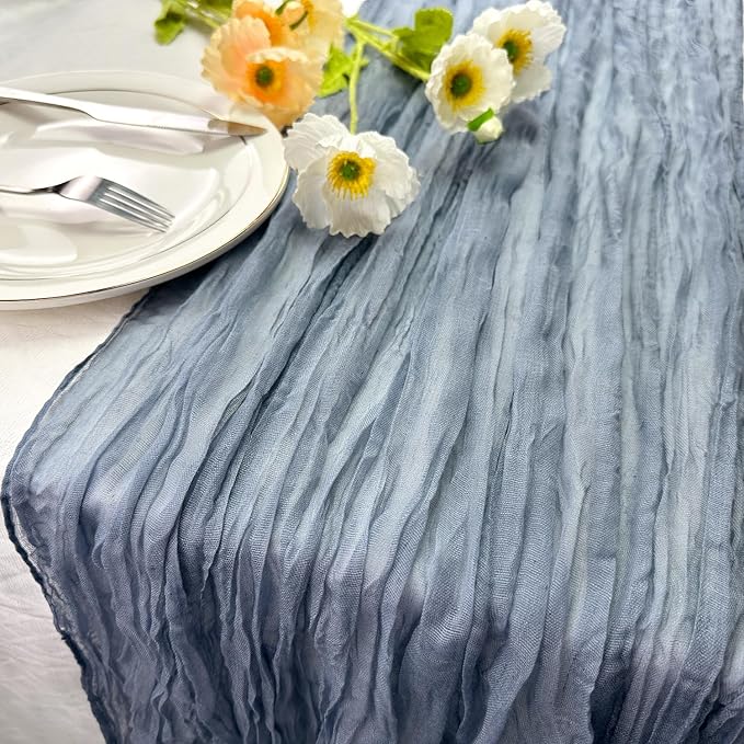 Booque Valley 6 Pack Dusty Blue Cheesecloth Table Runner 10ft Super Soft Boho Wrinkled Gauze Sheer Cloth for Baby Shower Baptism Birthday Party Wedding Centerpiece Table Decoration, 35x120 Inch