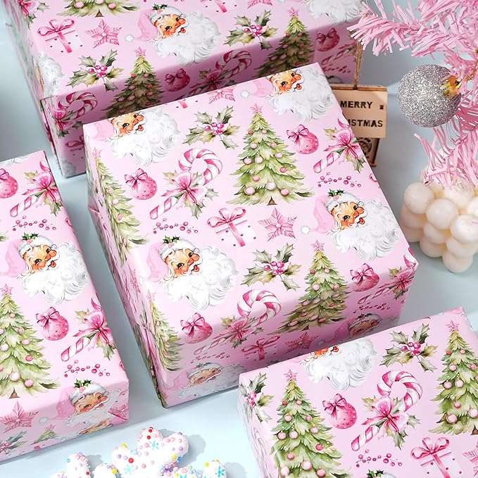 PlandRichW Pink Christmas Wrapping Paper - Vintage Watercolor Santa with Gingerbread, Candy Canes & Bows - 40×28 Inch Xmas Gift Wrap, 4 Folded Sheets for Kids & Adults