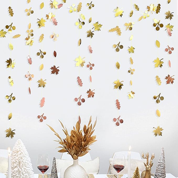 52Ft Fall Party Decorations Maple Leaf Garland Streamer Champagne Rose Gold Gradient Autumn Leaves Paper Banner for Thanksgiving Harvest Birthday Wedding Bridal Shower Engagement Party Decor