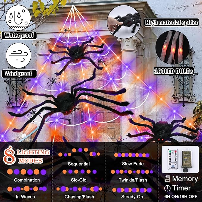 23Ft Light Up Spider Web Halloween Decorations Outdoor, 180 Orange and Purple LED Giant Web, 24 Spiders & 60g Stretch Cobweb Decor, 8 Modes Scary Lights for Outdoor Yard