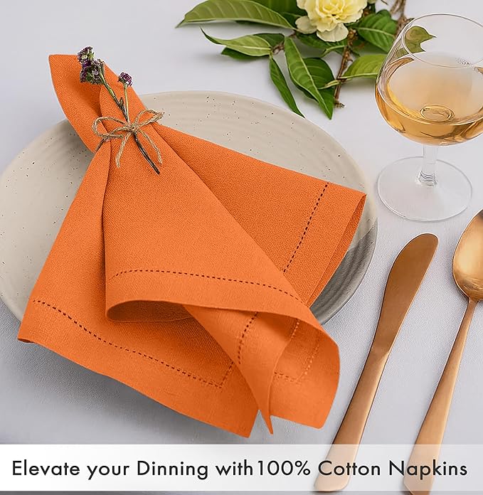 Ruvanti Cloth Napkins - 100% Cotton Dinner Napkins, Hem Stitched Corners, 18x18 Inch, 12 Pack - Soft, Absorbent, Durable, Reusable, Wrinkle Resistant for Formal Dining & Everyday Use - Orange Peel