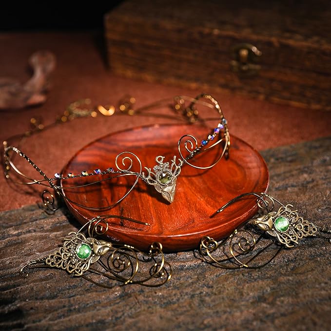 Renaissance Fairy Tale Costume Set - Elf Ear Cuff Earrings Decorative Medieval Fairy Winding Tiara Crown for Cosplay